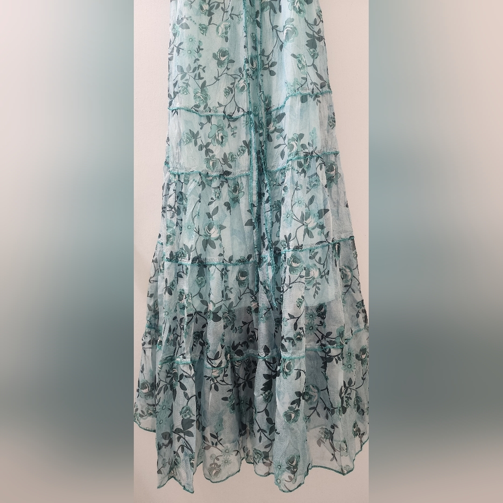 Sensations Pour Elle Floral Blue Maxi Dress, Size Small. View 3